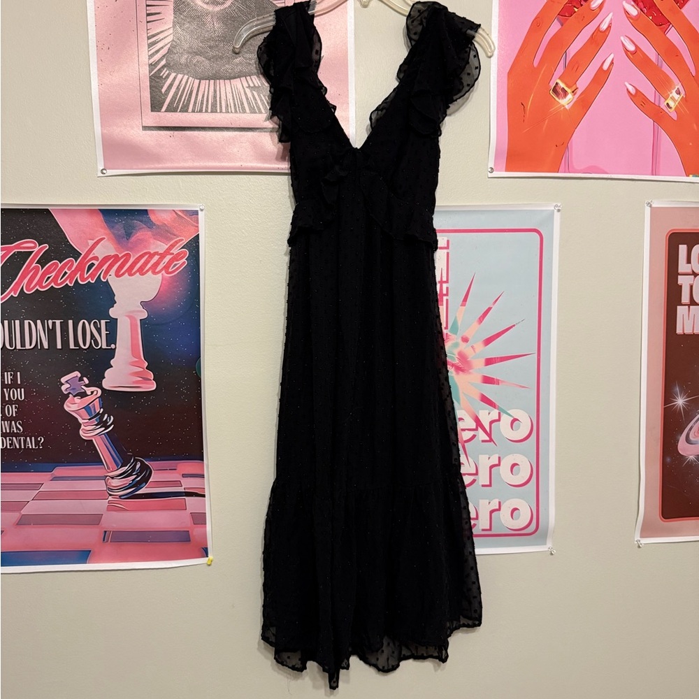 Black Ruffle V-Neck Maxi Dress, open back.
